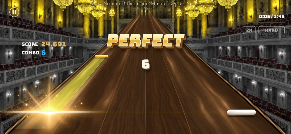 Real P.SONATA gameplay: piano notes on a concert-hall stage
