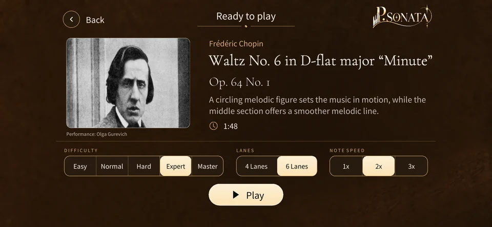 Choose difficulty, four or six lanes, and note speed before playing