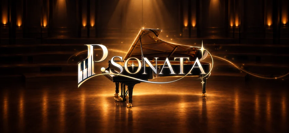 A grand piano on a warmly lit stage with the P.SONATA logo